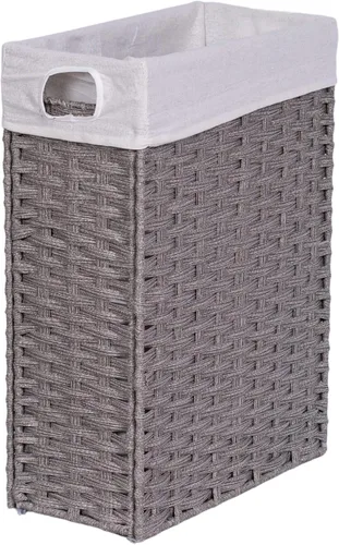BIRDROCK HOME Cesta de ropa delgada de 22" con bolsa extraíble | Gris | Tejida a mano | Cesta de ropa compacta y plegable | Ratán sintético de PE |