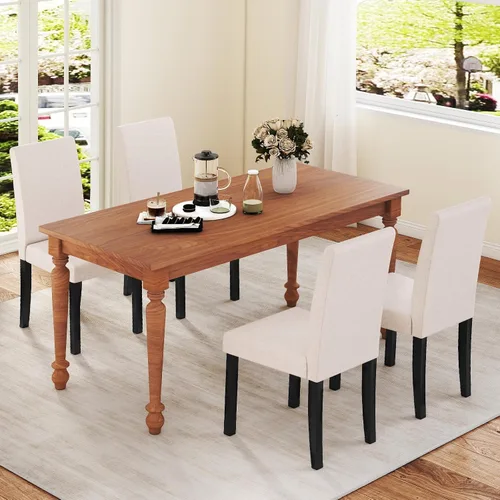 Miniatura 4 de COSTWAY Juego de 2 sillas de comedor sin brazos de tela, sillas laterales tapizadas de cocina con patas de madera de goma, asiento acolchado y Beige