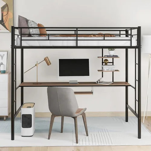 Miniatura 4 de Majnesvon Cama tipo loft de tamaño individual, cama alta con escritorio y estantes de almacenamiento, cama alta de metal tamaño individual