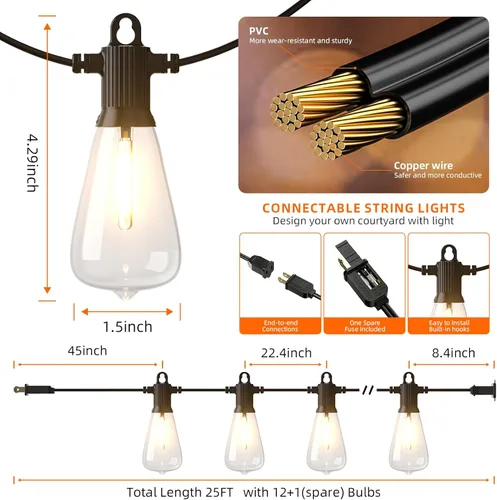 Miniatura 5 de Kawaya Guirnalda de luces para patio al aire libre: luz LED de 25 pies para patio exterior con 12 bombillas vintage inastillables - 2700 K regulable
