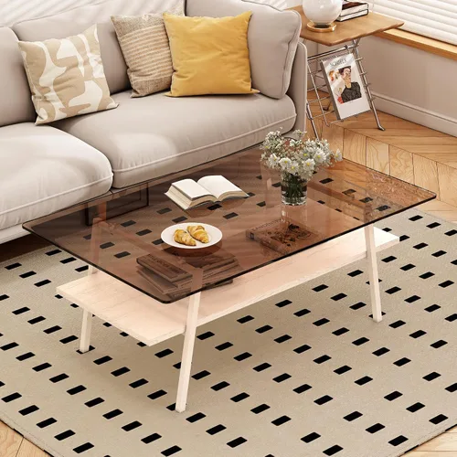 Miniatura 12 de IANIYA - Mesa de centro moderna de cristal, mesa de centro pequeña de mediados de siglo, mesa de centro para sala de estar con estantes de madera