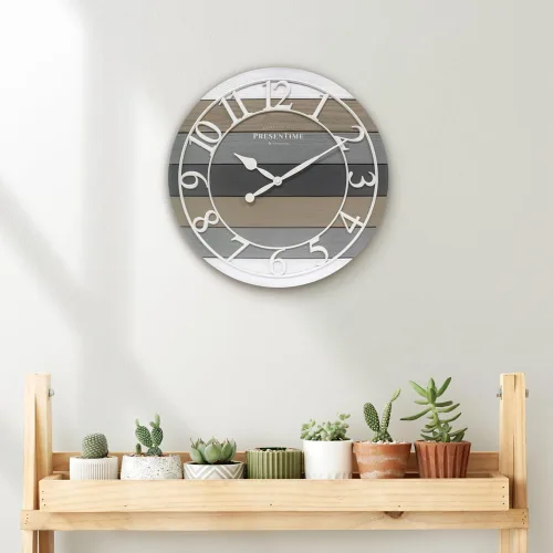Miniatura 5 de Presentime & Co Reloj de pared moderno de granja con diseño shiplap, de 19.5 pulgadas, números arábicos blancos con estilo shiplap de veta de madera