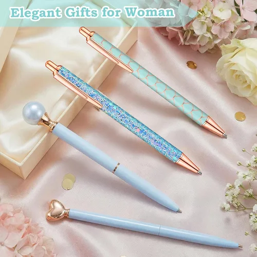 Miniatura 5 de BESARME 4 bolígrafos azules para mujer, bolígrafos de sirena, regalos azules para niñas, bolígrafo de diamantes con purpurina, tinta negra, lindo