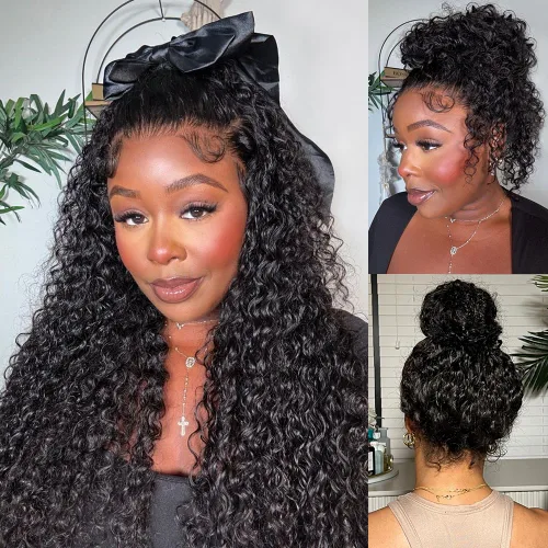 Miniatura 20 de Pelucas de cabello humano ondulado con encaje frontal 360 con correa oculta, nudos blanqueados, sin pegamento, previamente despuntadas, precortadas