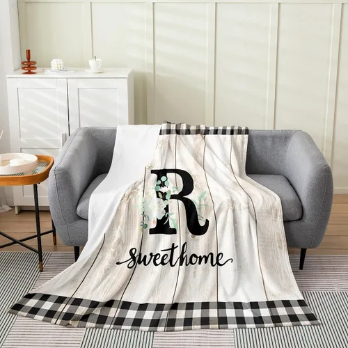Miniatura 10 de Erosebridal Flower Initial S Flannel Blanket White Floral Flowers Fleece Blanket,40"X50",Personalized Letters Fuzzy Plush Throw for Sofa Beige Negro