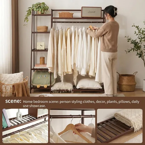 Miniatura 4 de Baveke Perchero de bambú para ropa de 7 niveles, estante de almacenamiento para colgar ropa, organizador de armario portátil con estante superior