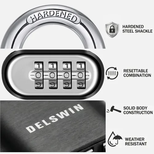 Miniatura 4 de DELSWIN Candado de Combinación de 4 Dígitos para Exteriores - Cerradura de Casillero de Servicio Pesado con Grillete de Acero Endurecido, Cerradura