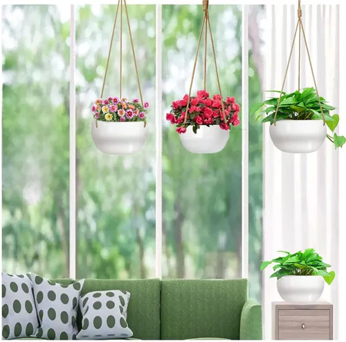 Miniatura 3 de Macetas colgantes de cerámica para plantas de interior y exterior, maceta moderna de 8 pulgadas, cesta redonda de porcelana con soporte para plantas