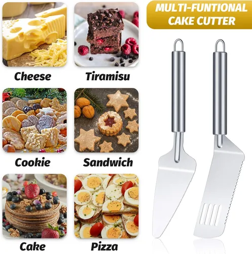 Miniatura 6 de Juego de 4 piezas para servir tartas de acero inoxidable, espátula dentada para tartas, cortador de tartas con mango cómodo, para cortar y servir
