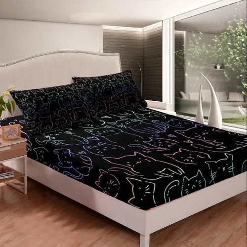 Miniatura 3 de Erosebridal Sábana bajera ajustable de tamaño individual para niños, niñas y adolescentes, juego de ropa de cama con diseño de gato lindo de línea