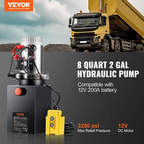 Miniatura 2 de VEVOR Unidad de Potencia Hidráulica de 8 Quart, Bomba de Remolque de Descarga de Doble Efecto, Tasa de Flujo de 0.91 GPM, Presión Máxima de Alivio