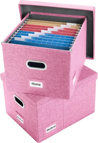 Miniatura 14 de PRANDOM Caja Organizadora de Archivos - Juego de 2 Cajas Plegables Decorativas de Lino para Almacenamiento de Archivos Colgantes con Tapas para Gris