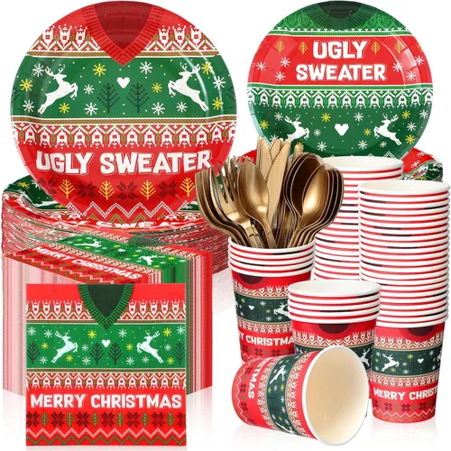 Yaomiao Juego de 180 piezas de suministros de fiesta de suéter feo de Navidad, platos de papel desechables y servilletas, tazas para 30 decoración