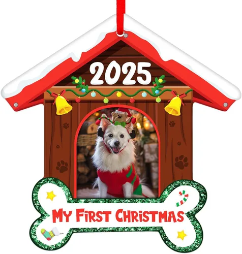 FLYAB Adornos de la primera Navidad de Perros 2025-3.5 x 3.3 pulgadas, marco de fotos de perro acrílico, adorno personalizado para cachorro, adorno