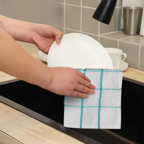 Miniatura 5 de Amour Infini paños de cocina y repasadores, 100 % algodón, muy absorbentes, se pueden lavar a máquina Cuadros verde azulado