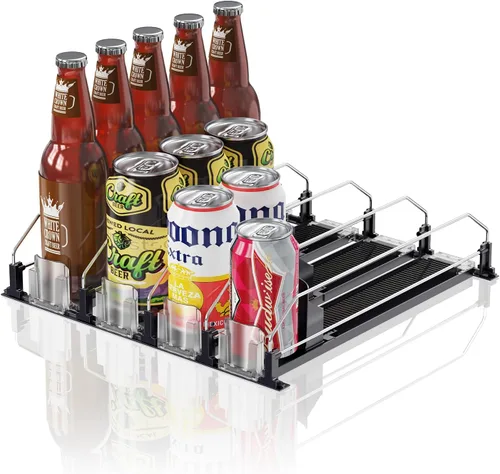 Miniatura 16 de Organizador de Bebidas para Refrigerador, 12oz 16oz 20oz - Dispensador de Latas de Refresco para Refrigerador, Ancho Ajustable, Deslizador Negro