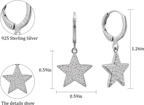 Miniatura 6 de Aretes colgantes de aro con diamantes de imitación de estrella de plata de ley 925/oro para mujeres