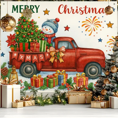 Miniatura 9 de HOMETITUTE Pancarta de Navidad de Papá Noel 8 x 6 pies Lista de Regalos Telón de Fondo Fiesta Navideña Fondo Árbol Muñeco de Nieve Bicicleta