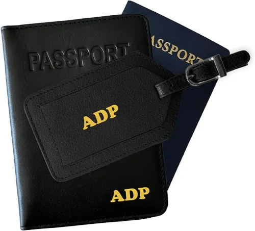 Miniatura 12 de Soporte personalizado de cuero con monograma RFID para pasaporte y etiqueta de equipaje, montura antigua, Juego de funda para pasaporte y etiqueta