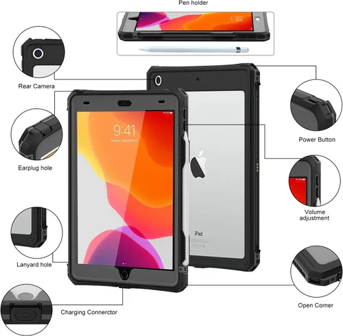 Miniatura 5 de ShellBox Case Funda impermeable para iPad 10.2 de 9ª/8ª/7ª generación, resistente a prueba de golpes, protector de pantalla integrado con correa