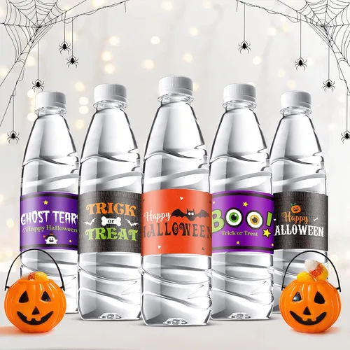 39 etiquetas para botellas de agua de Halloween, impermeables, para botellas de agua, envoltorios de calabaza, etiquetas envolventes para botellas