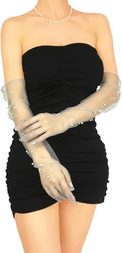 Miniatura 4 de YCShun Women's Pearls Tulle Long Wedding Bridal Gloves 24" Opera Evening Gloves Costume Elbow Length Sheer Gloves
