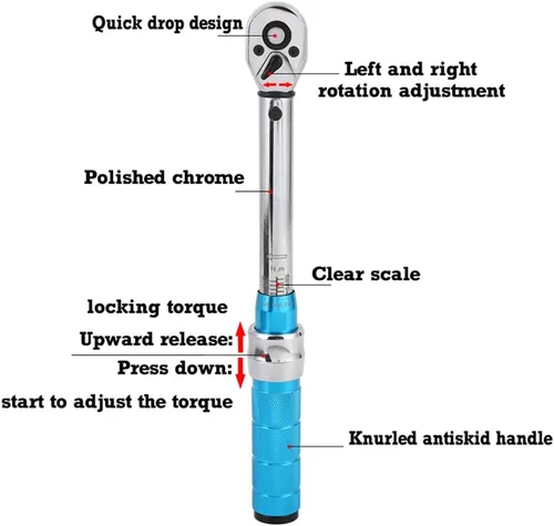 Miniatura 2 de ThreeH Llave dinamométrica de clic de 3/8 pulgadas 5-60 Nm/3.6-44ft-lb Llave dinamométrica ajustable de doble dirección con estuche