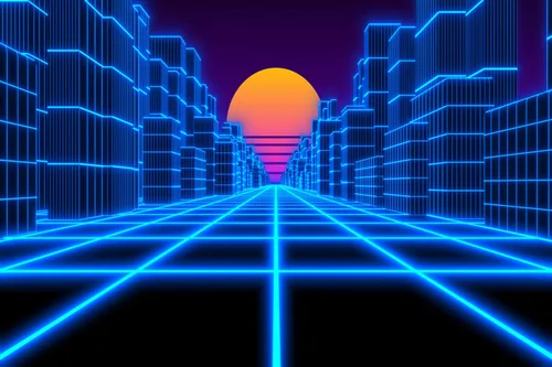 Miniatura 5 de 15x10ft Cyber Landscape Backdrop Blue City Retro Futuristic 80's Neon Cyberpunk Laser Grid Sun Background Comic Game Punk Birthday Wedding Party