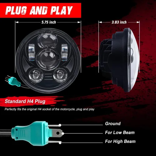 Miniatura 4 de 5-3/4 5.75 Pulgadas Faro LED para Motocicleta Compatible con Harley Davidson Sportster Dyna Street Bob Low Rider Wide Glide Iron 883 1200 Softail