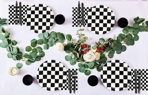 Miniatura 4 de 40 piezas de suministros para fiesta de cumpleaños de autos de carreras, suministros de fiesta a cuadros en blanco y negro, plato de papel a cuadros