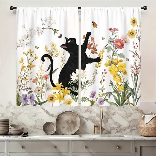 Miniatura 10 de Cortinas de cocina vintage retro de madera, con bolsillo para cortinero, 27.5 pulgadas de ancho x 39 pulgadas de largo, 2 paneles de flores blancas