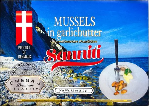 Miniatura 7 de Sanniti Mejillones en mantequilla de ajo, 3.9 onzas Mariscos estilo escandinavo Caliente y servir Producto de Dinamarca Fuente natural