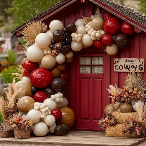Miniatura 6 de Guirnalda de globos rojos, doble relleno, color rojo oscuro, marrón, borgoña, bronceado, nude, blanco, arena, kit de arco de globos para granja