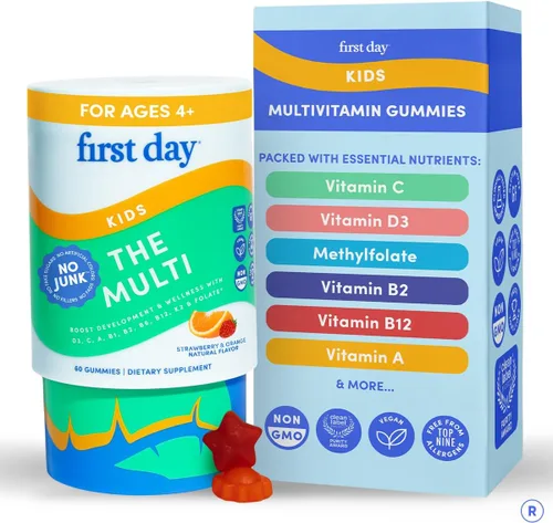 Miniatura 10 de FIRST DAY Gomitas multivitamínicas para niños a partir de 4 años, sabor a fresa y naranja - Vitaminas para niños, multivitamínicas gomosas A C D3 K2