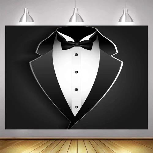 Miniatura 10 de BJRLEM998 - Telón de fondo de esmoquin negro de 3 x 5 pies para hombre, traje de pajarita en blanco y negro, traje de lujo, cumpleaños, cena