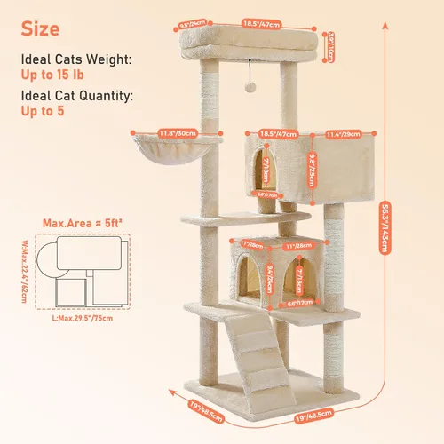 Miniatura 3 de Árbol para gatos de interior, 2 acogedores condominios con espaciosa percha superior, torre para gatos de varios niveles de 56.3 pulgadas con postes