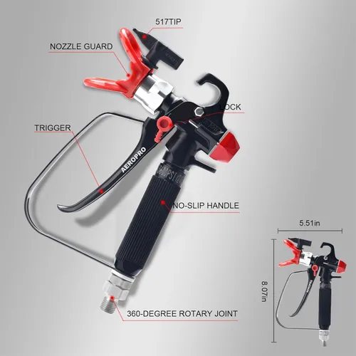 Miniatura 6 de AEROPRO Tools Pistola pulverizadora de pintura sin aire con 5 puntas de pulverización y 10 filtros, junta giratoria de alta presión de 3600 PSI, kit