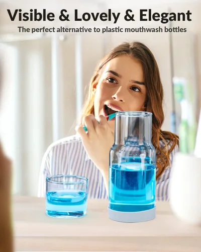 Miniatura 5 de Juego de jarra de agua y vaso para mesita de noche, jarra de agua nocturna con vaso, dispensador de enjuague bucal de vidrio transparente para baño
