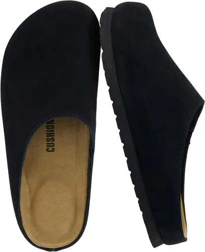 CUSHIONAIRE Lute - Zuecos de piel de gamuza auténtica para mujer para interiores y exteriores, cómodos zuecos para mujer con plantilla acolchada