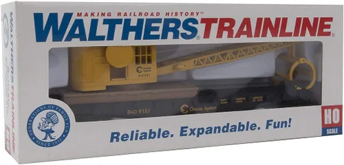 Miniatura 5 de Walthers Trainline Flatcar con grúa lista para funcionar - Chessie/Baltimore y Ohio 9151, azul y amarillo