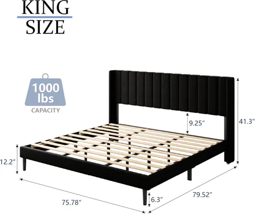 Miniatura 2 de Gruwans Base de cama tamaño King con cabecera con respaldo de ala, cama de plataforma tapizada, no necesita somier, soporte de listones de madera