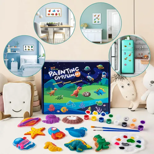 Miniatura 3 de Juboury Kit de manualidades para niños, pintura en yeso, juego de arte para pintar tu propio espacio, dinosaurios y figuras de vida marina, kit
