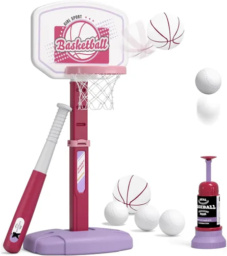 Miniatura 9 de HYES Juego de aro de baloncesto 2 en 1 y pelota en T para niños, altura ajustable, tee de béisbol para niños con máquina de lanzamiento automática