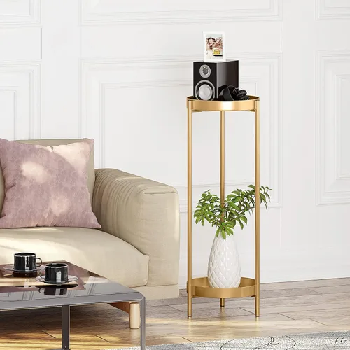 Miniatura 6 de Soporte alto de metal dorado para plantas para interiores o exteriores, estante esquinero moderno de 30 pulgadas y 2 niveles con 2 estantes