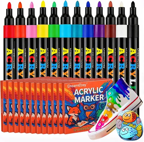 Marcadores de pintura acrílica, paquete de 144 con 12 colores de punta media para pintar sobre rocas, lienzo, cerámica, madera, vidrio para artistas