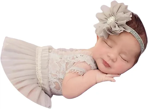 Miniatura 13 de Traje de fotografía para bebé, traje de encaje para recién nacido, sesión de fotos, diadema de flores, disfraz de princesa beige a