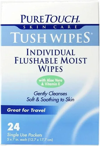 Pure Touch Tush Toallitas para adultos, 24 toallitas húmedas desechables individuales / 6 cajas 144 paquetes de un solo uso