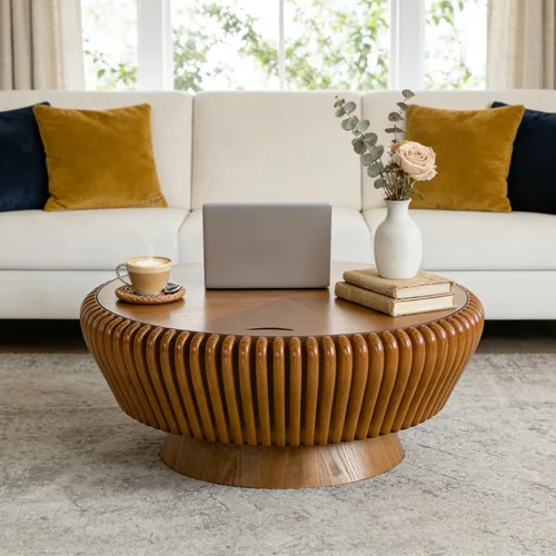 Miniatura 8 de Mesa auxiliar redonda con almacenamiento, mesa de centro moderna de tambor de madera de 35.4 pulgadas con cubierta, mesa central circular acanalada