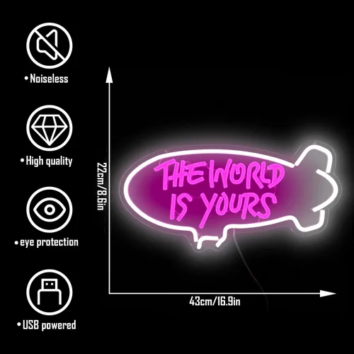 Miniatura 4 de Letreros de neón "El mundo es tuyo" para decoración de pared, letreros de neón de dirigible ajustables para dormitorio, luces de neón para boda