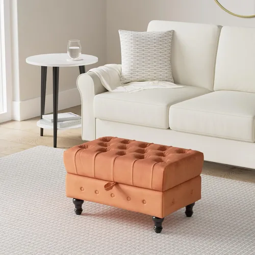 Miniatura 2 de Mesa de Centro Otomana de Almacenamiento Rectangular, Reposapiés Otomana de Dormitorio con Tapicería de Terciopelo Abotonado Capitoné para Sala
